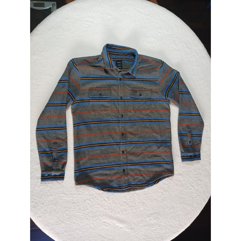 RVCA Men's Blanket Flannel Long Sleeve Button Up‎ Stripe Heavyweight Shirt Sz L